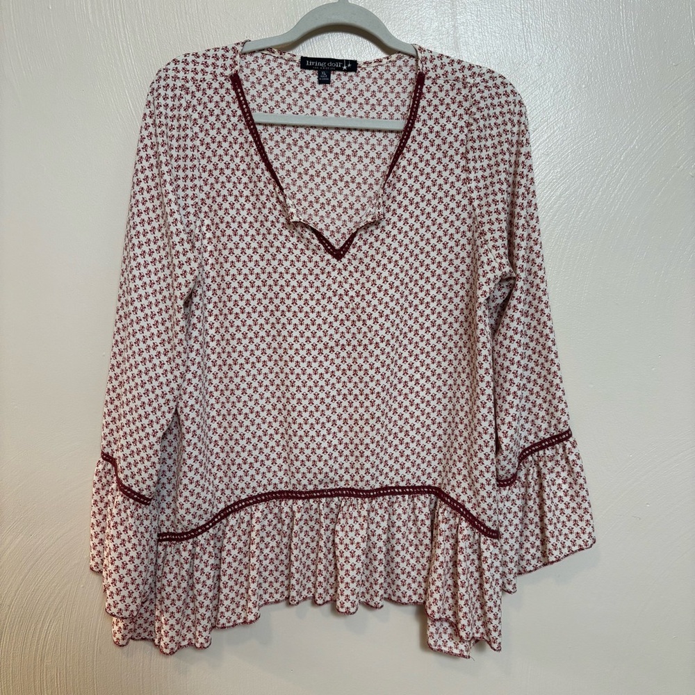 Living Doll Los Angeles Womens Shirt Perplum V Neck Print Burgundy Cream Size XL